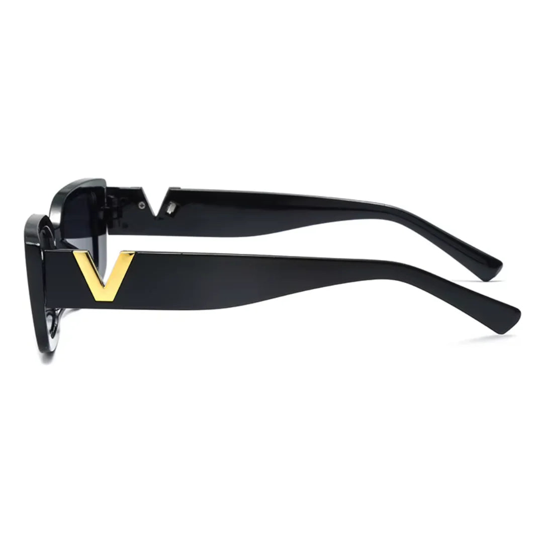 Side view of Celestia women’s rectangle sunglasses in Black frame with Black lenses, on white background — acetate frame, polycarbonate lenses, 100% UV protection