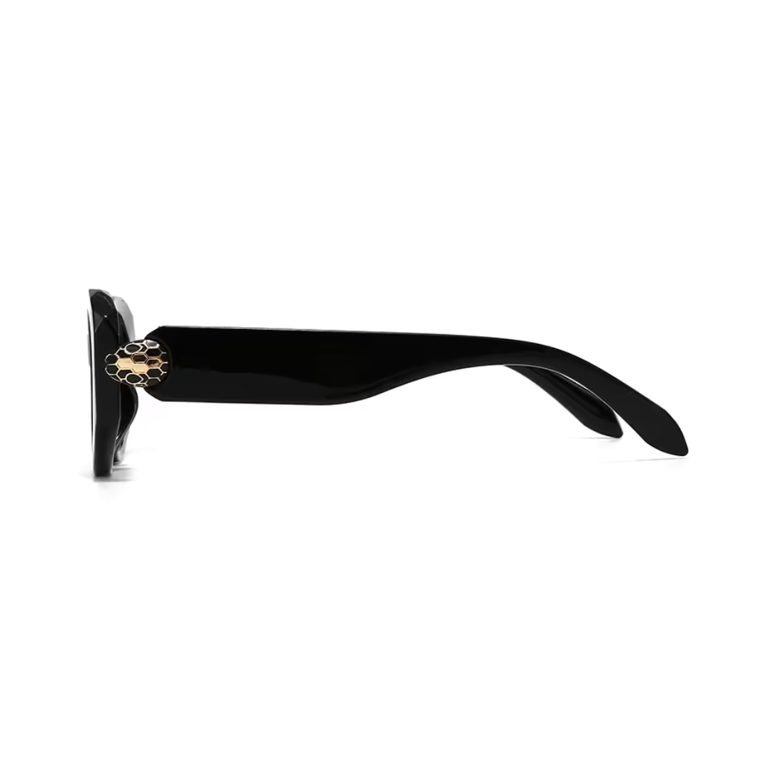 Side view of Selene women’s wide oval shades in Black frame with Black lenses, on white background — acetate frame, TAC lenses, 100% UV protection