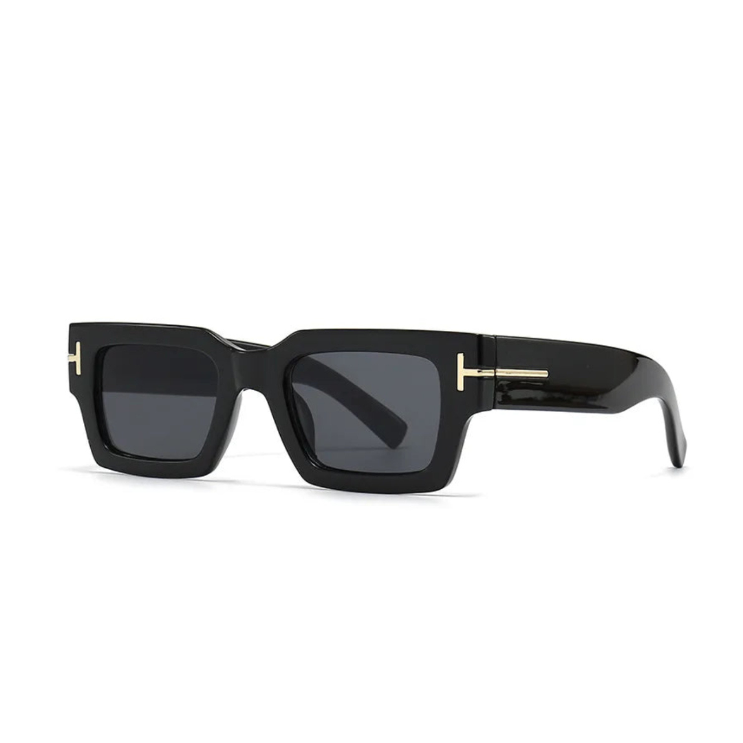Vesper rectangular women's shades in Black acetate frame with black TAC lenses, 100% UV protection, left 3/4 angle on white background
