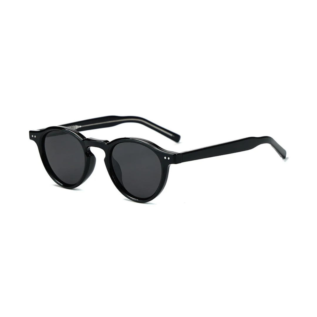 Solis women’s round sunglasses in Black frame with Black lenses, right 3/4 angle on white background — acetate frame, TAC lenses, 100% UV protection