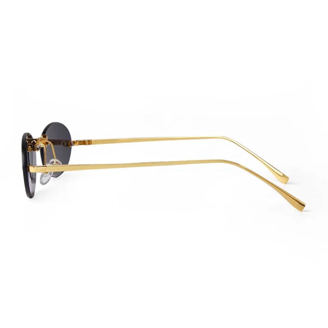 Side view of Velvet women’s oval shades in Gold frame with Black lenses, on white background — metal frame, acrylic lenses, 100% UV protection