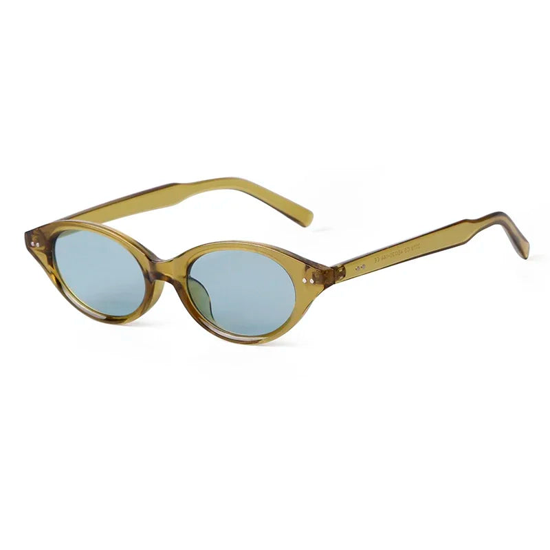 Sovereign women’s oval slim shades in Olive frame with Soft Blue lenses, right 3/4 angle on white background — polycarbonate frame, acrylic lenses, 100% UV protection