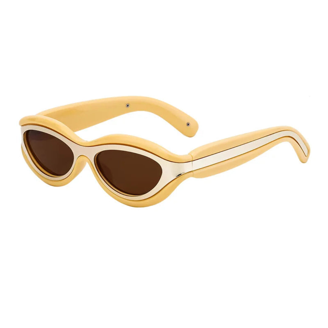 Right 3/4 angle of Isla women’s oval shades in Beige frame with Black lenses, on white background — acetate frame, TAC lenses, 100% UV protection