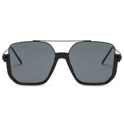 Opéra women's aviator-inspired square sunglasses, black lightweight metal frame with black UV400 resin lenses, frontal view on white background.