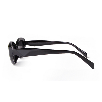 Liora cat eye women's sunglasses in Black acetate frame with black TAC lenses, 100% UV protection, side view on white background