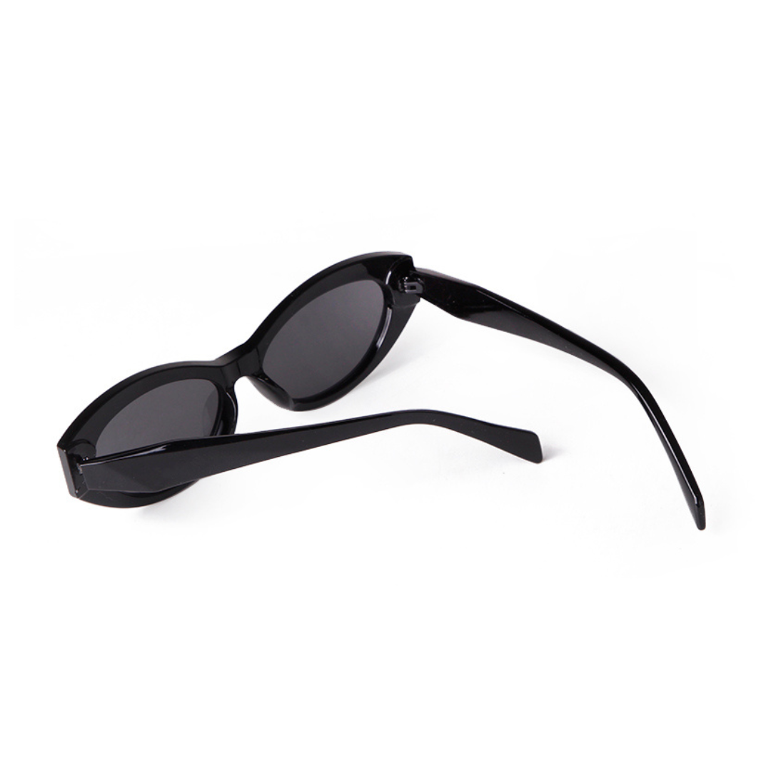 Liora cat eye women's shades in Black acetate frame with black TAC lenses, 100% UV protection, rear view with temples uncrossed on white background
