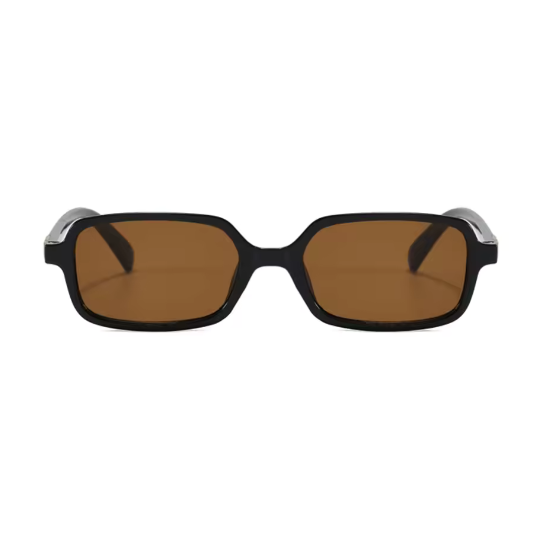 Zayla rectangular women's shades in Black polycarbonate frame with amber polycarbonate lenses, 100% UV protection, front view on white background
