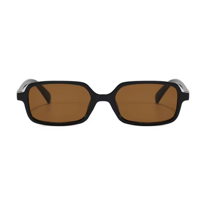 Zayla rectangular women's shades in Black polycarbonate frame with amber polycarbonate lenses, 100% UV protection, front view on white background