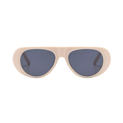 Nyara shield women's shades in beige acetate frame with black TAC lenses, 100% UV protection, front view on white background