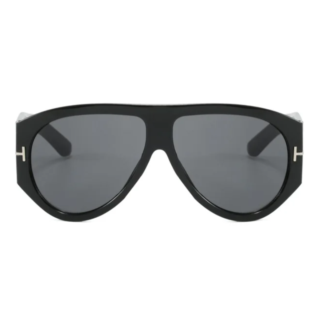 Cannes oversized shield women's sunglasses in black acetate frame with black TAC lenses, 100% UV protection, front view on white background