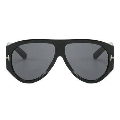 Cannes oversized shield women's sunglasses in black acetate frame with black TAC lenses, 100% UV protection, front view on white background