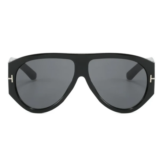 Cannes oversized shield women's sunglasses in black acetate frame with black TAC lenses, 100% UV protection, front view on white background