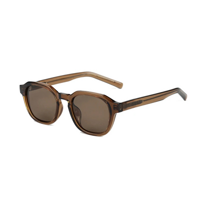 Mirage women’s square sunglasses in Brown frame with Amber lenses, right 3/4 angle on white background — acetate frame, TR90 lenses, 100% UV protection
