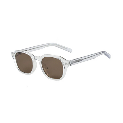 Mirage women’s square shades in Transparent frame with Amber lenses, right 3/4 angle on white background — acetate frame, TR90 lenses, 100% UV protection