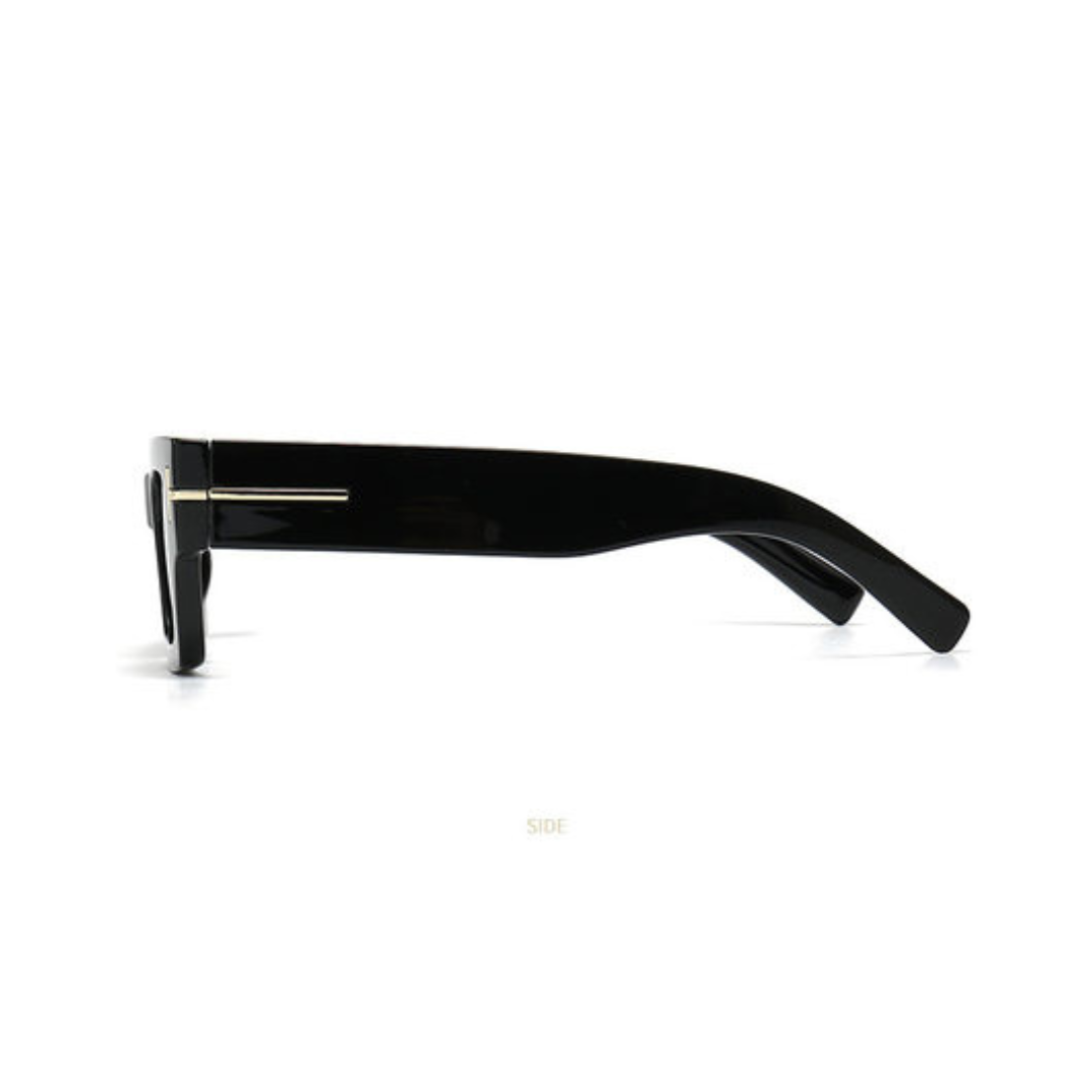 Vesper rectangular women's shades in Black acetate frame with black TAC lenses, 100% UV protection, side view on white background
