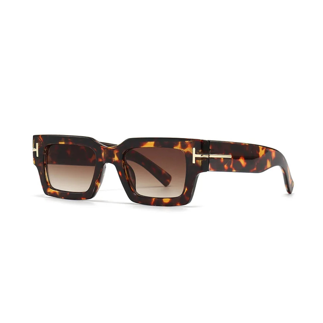 Vesper rectangular women's sunglasses in Tortoise acetate frame with brown gradient TAC lenses, 100% UV protection, left 3/4 angle on white background