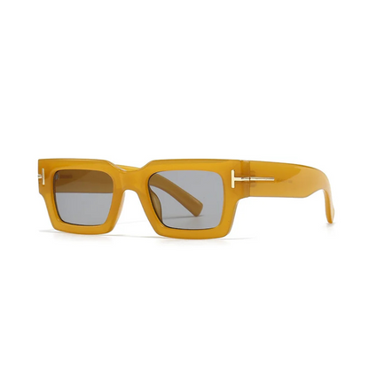 Vesper rectangular women's sunglasses in Orange acetate frame with soft blue TAC lenses, 100% UV protection, left 3/4 angle on white background