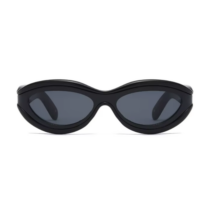 Front view of Isla women’s oval sunglasses in Black frame with Black lenses, on white background — acetate frame, TAC lenses, 100% UV protection