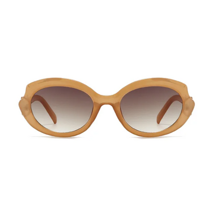 Amoura oversized round women's sunglasses in amber acetate frame with brown gradient polycarbonate lenses, 100% UV protection, front view on white background