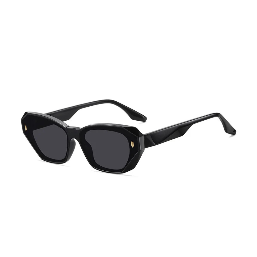 Venus women’s wide rectangular  shades in Black frame with Black lenses, right 3/4 angle on white background — acetate frame, TAC lenses, 100% UV protection