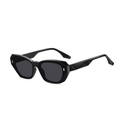 Venus women’s wide rectangular  shades in Black frame with Black lenses, right 3/4 angle on white background — acetate frame, TAC lenses, 100% UV protection