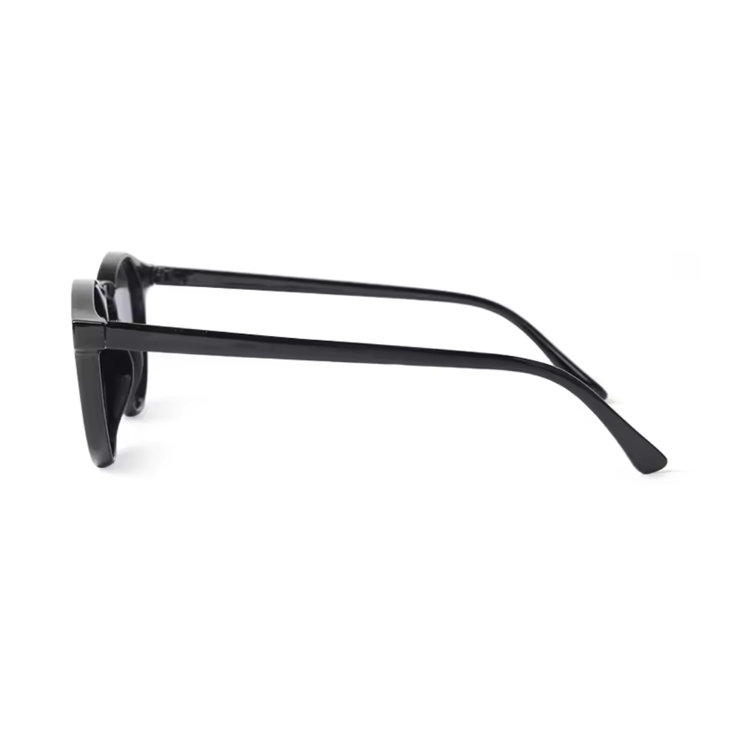 Side view of Elysian women’s round sunglasses in Black frame with Black lenses, on white background — premium acetate frame, TAC lenses, 100% UV protection