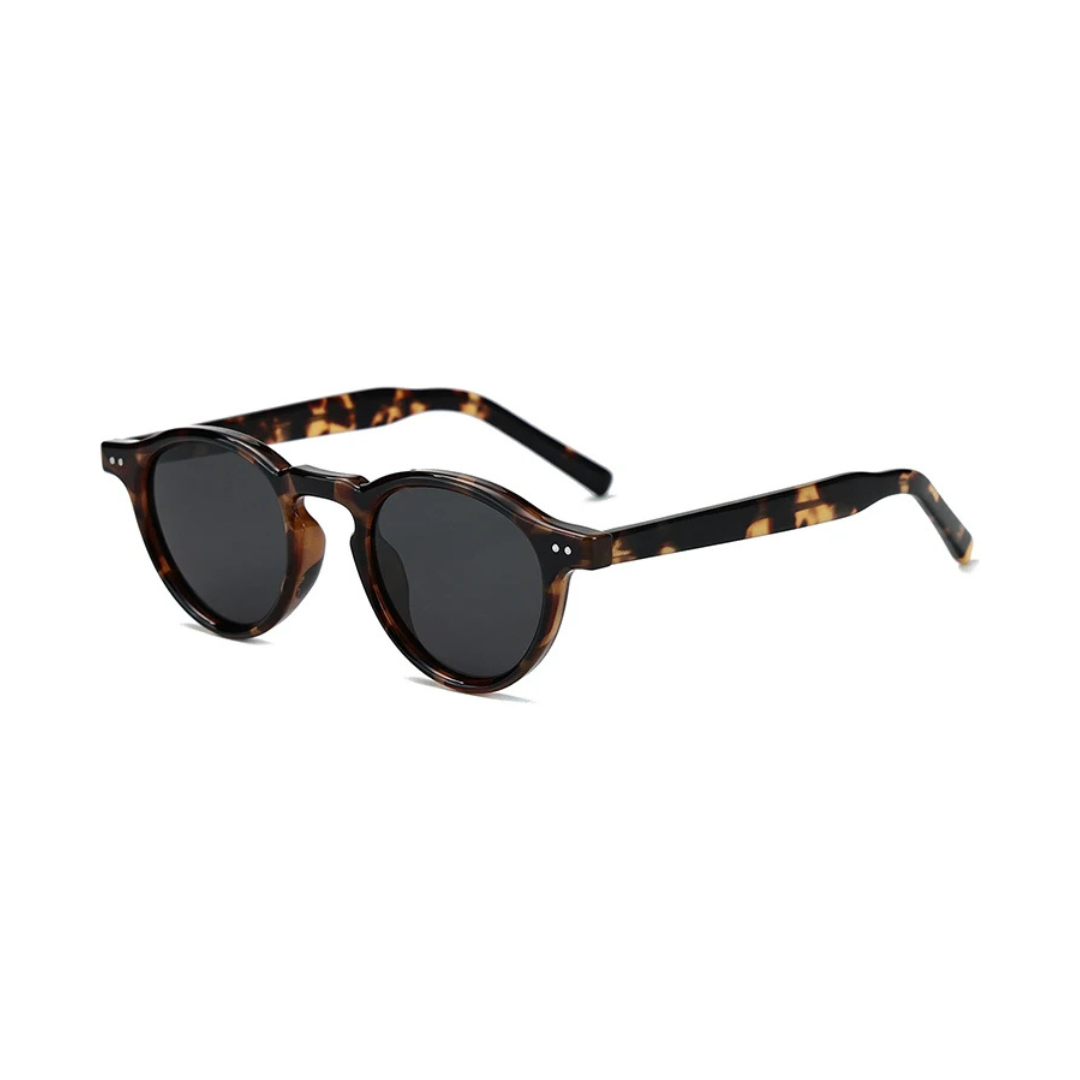 Solis women’s round  shades in Tortoise frame with Black lenses, right 3/4 angle on white background — acetate frame, TAC lenses, 100% UV protection