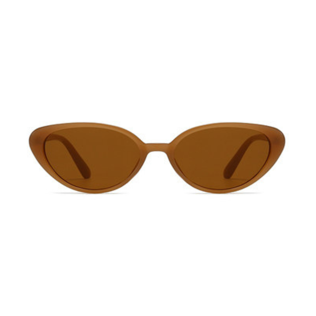 Solisse oval retro women's sunglasses in Amber polycarbonate frame with amber polycarbonate lenses, 100% UV protection, front view on white background