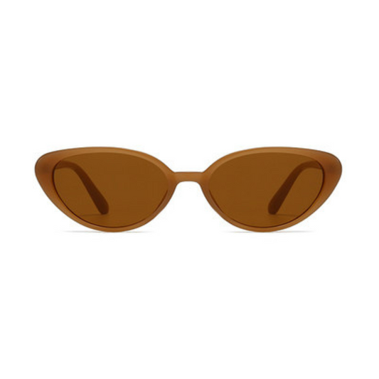 Solisse oval retro women's sunglasses in Amber polycarbonate frame with amber polycarbonate lenses, 100% UV protection, front view on white background