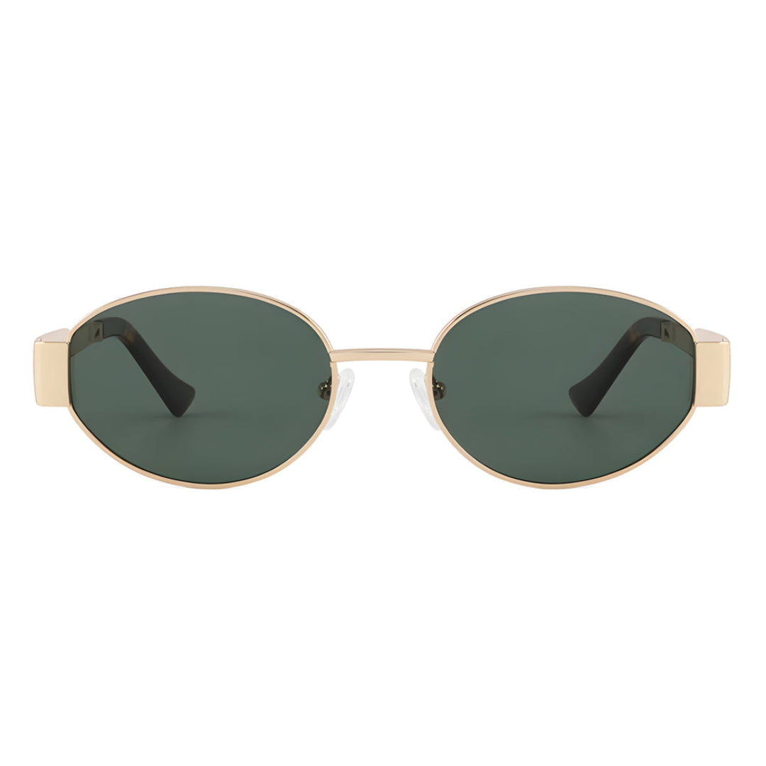 "Front view of Aurora women’s retro oval sunglasses in Gold frame with Dark Green lenses, on white background — stainless steel frame, polycarbonate lenses, UV400 protection"