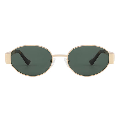"Front view of Aurora women’s retro oval sunglasses in Gold frame with Dark Green lenses, on white background — stainless steel frame, polycarbonate lenses, UV400 protection"