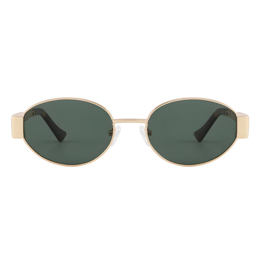 "Front view of Aurora women’s retro oval sunglasses in Gold frame with Dark Green lenses, on white background — stainless steel frame, polycarbonate lenses, UV400 protection"