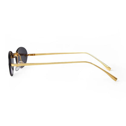 Side view of Velvet women’s oval  shades in Gold frame with Black lenses, on white background — metal frame, acrylic lenses, 100% UV protection