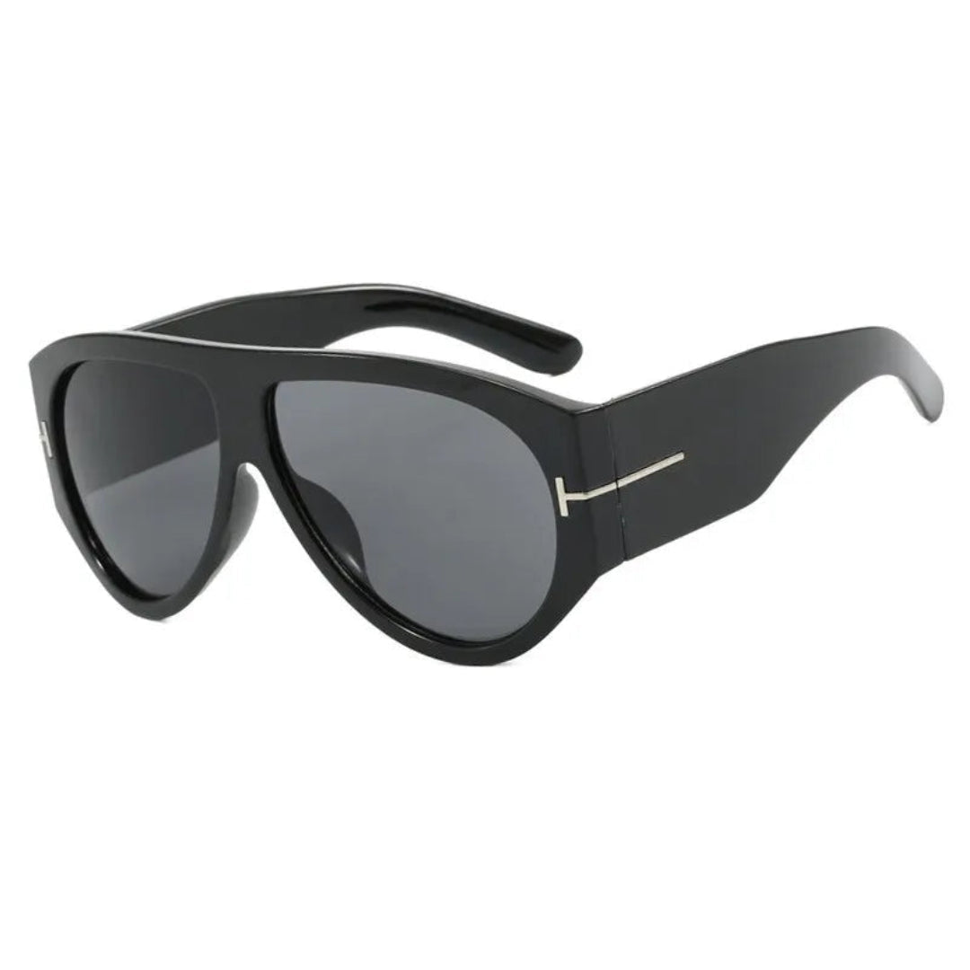 Cannes oversized shield women's shades in black acetate frame with black TAC lenses, 100% UV protection, right 3/4 angle view on white background