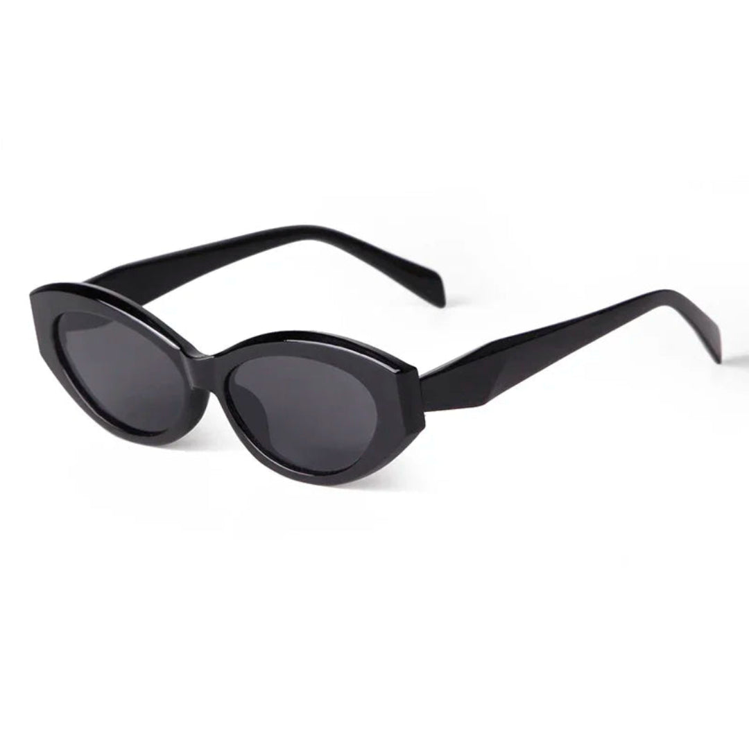 Liora cat eye women's sunglasses in Black acetate frame with black TAC lenses, 100% UV protection, right 3/4 angle on white background