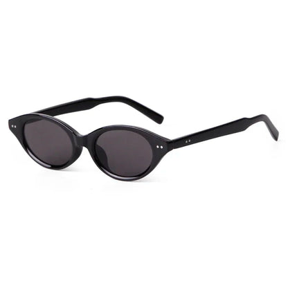 Sovereign women’s oval slim sunglasses in Black frame with Black lenses, right 3/4 angle on white background — polycarbonate frame, acrylic lenses, 100% UV protection