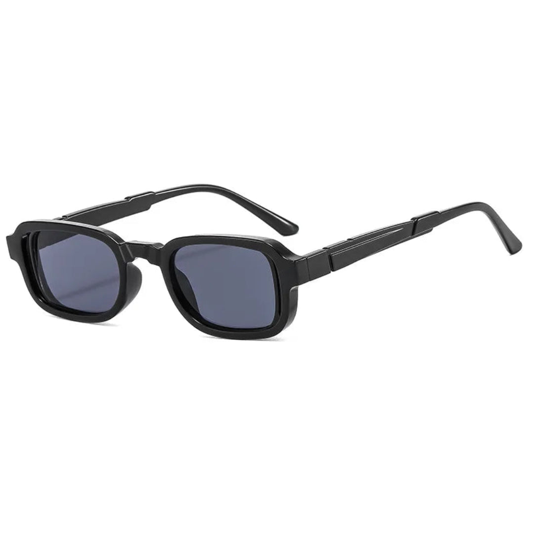 Soraya rectangular women's sunglasses in black polycarbonate frame with black acrylic lenses, 100% UV protection, right 3/4 angle view on white background
