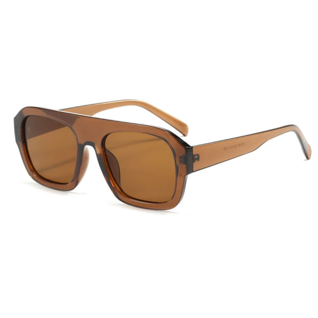 Elyss shield women's sunglasses in amber acetate frame with amber TAC lenses, 100% UV protection, right 3/4 angle view on white background