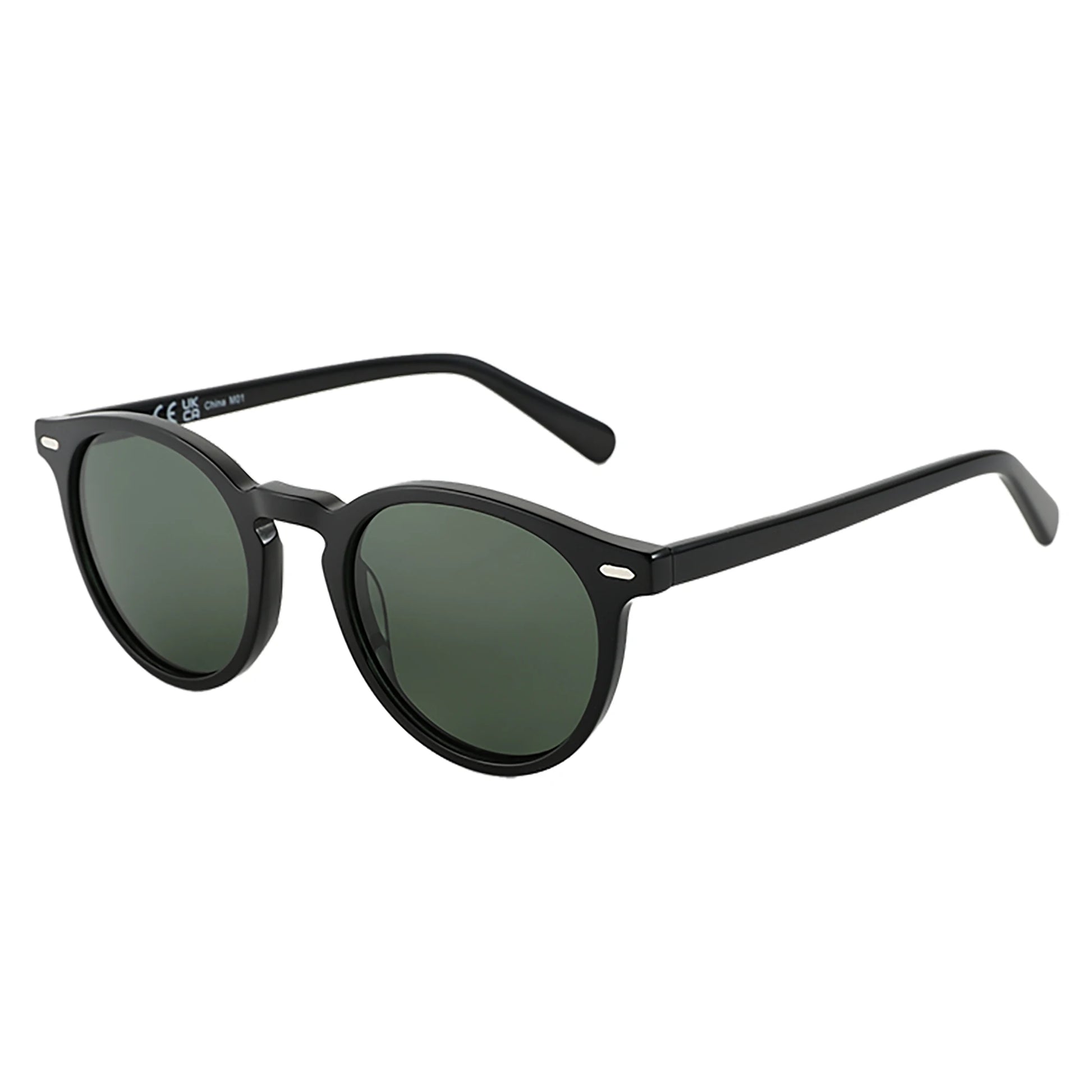 Elysian women’s round  shades in Black frame with Black lenses, right 3/4 angle on white background — premium acetate frame, TAC lenses, 100% UV protection
