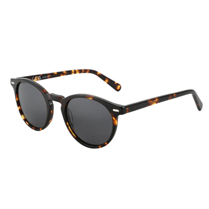 Elysian women’s round sunglasses in Tortoise frame with Black lenses, right 3/4 angle on white background — premium acetate frame, TAC lenses, 100% UV protection
