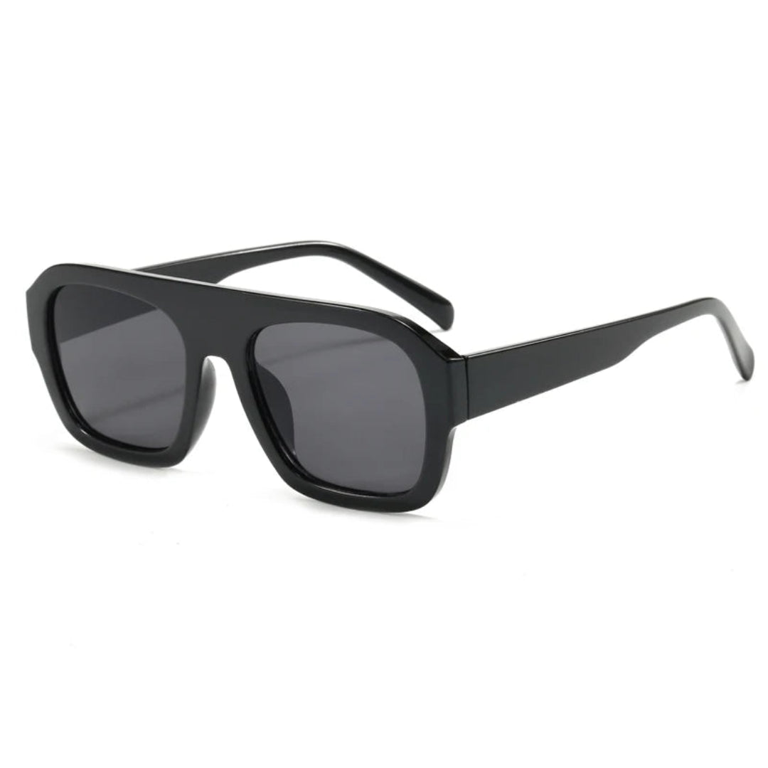 Elyss shield women's shades in black acetate frame with black TAC lenses, 100% UV protection, right 3/4 angle view on white background