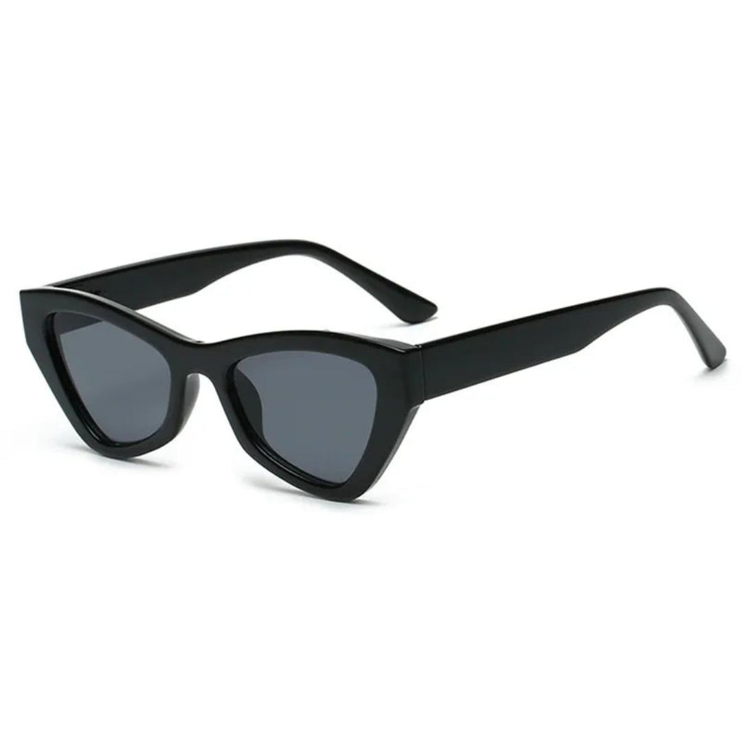 Vibea cat-eye women's shades in Black acetate frame with black TAC lenses, 100% UV protection, right 3/4 angle view on white background