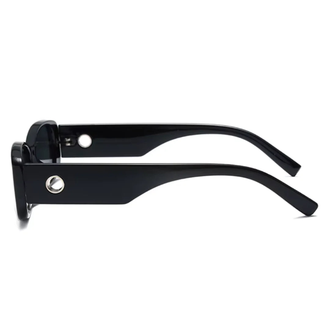 Side view of Milan women’s rectangular sunglasses in Black frame with Black lenses, on white background — premium acetate frame, Trivex lenses, 100% UV protection