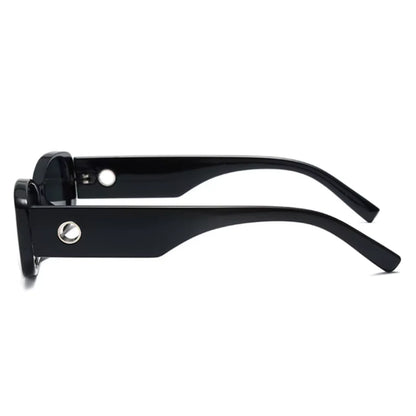 Side view of Milan women’s rectangular sunglasses in Black frame with Black lenses, on white background — premium acetate frame, Trivex lenses, 100% UV protection